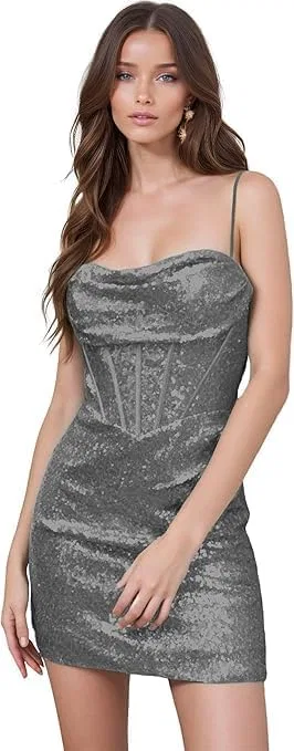 Женское короткое платье с блестками, ковл-горловиной, корсетом, Gray