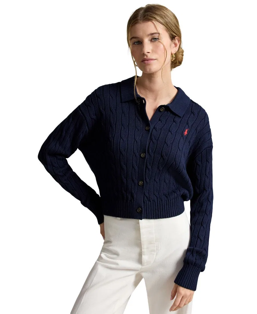 Кардиган женский с воротником-поло, длинным рукавом, из хлопка Polo Ralph Lauren, Hunter Navy