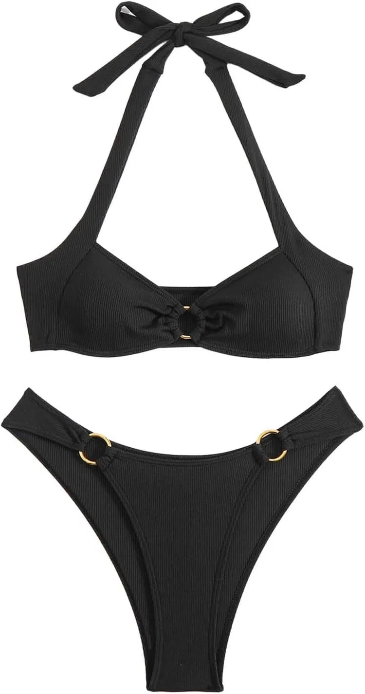 Женский бикини-сет с завязками на шее, рифленый Solid, Black — фото 4