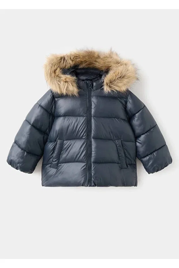 Детское пальто для девочек с капюшоном Mango Baby, Navy Blue — фото 3