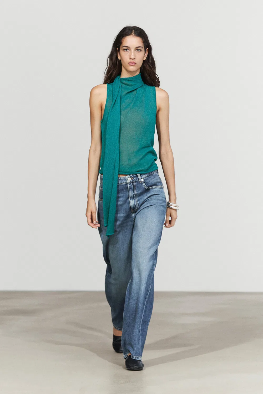 Топ Massimo Dutti High Neck With Scarf Detail , бирюзовый — фото 3
