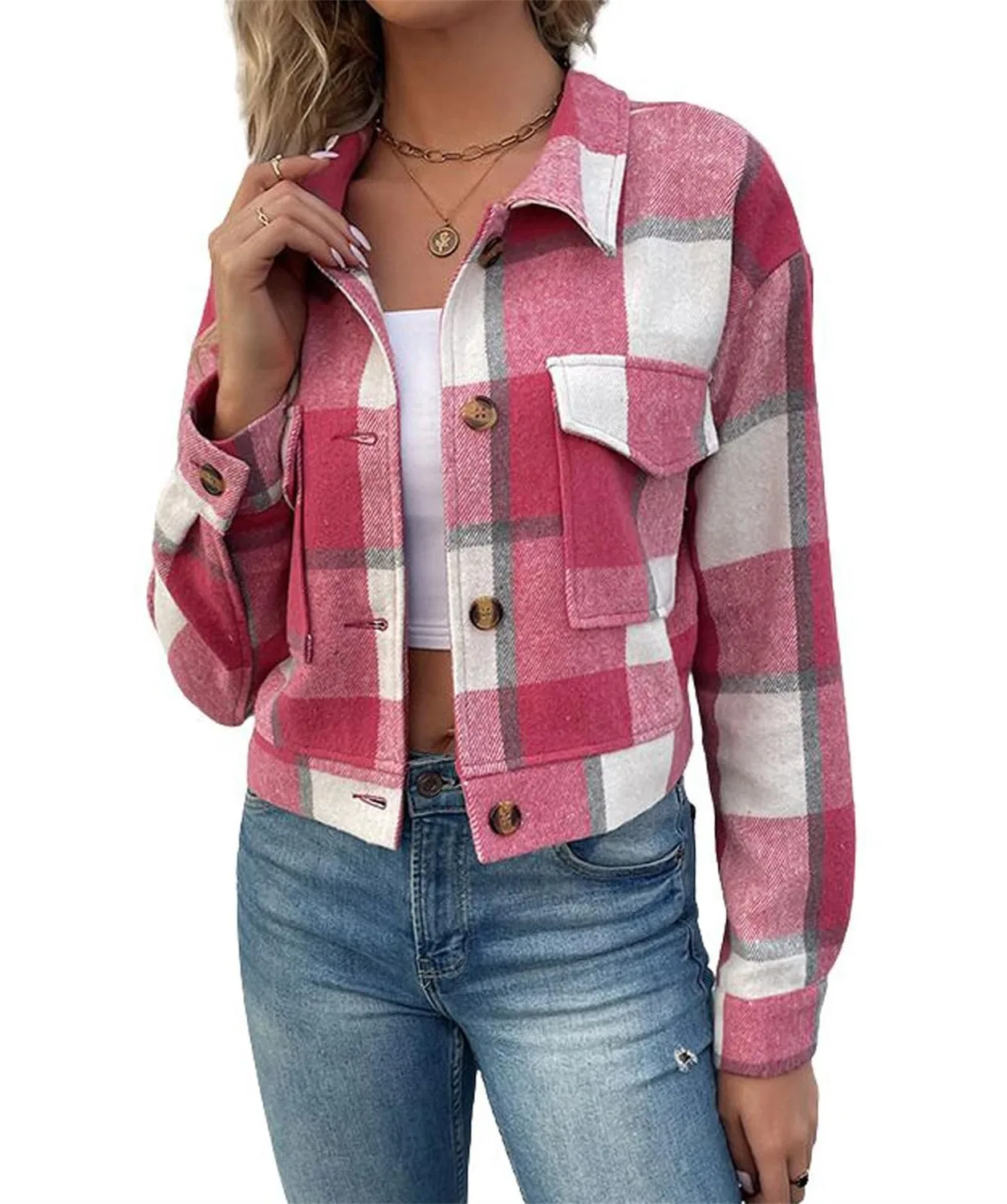 Женская куртка из фланели с длинным рукавом Plaid Flannel Jacket, Rose Red