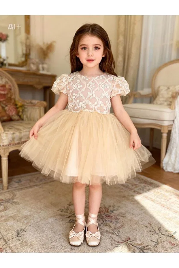 Детское платье для девочек с коротким рукавом Daisy tulle puffy dress Lunas Tekstil, Beige — фото 2