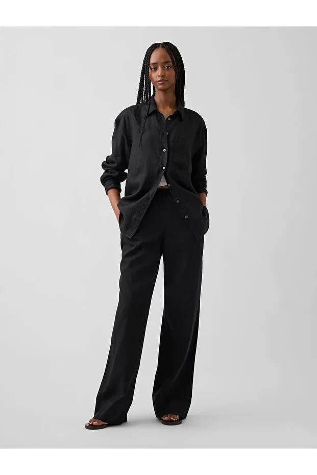 Женские широкие брюки из льна Gap, Black-008