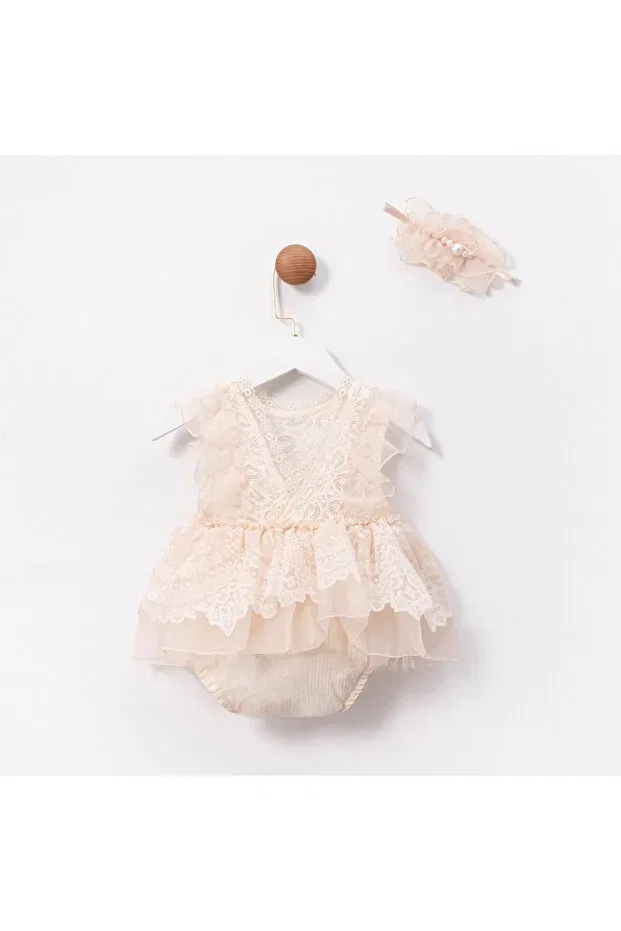 Детский комбинезон для девочек с коротким рукавом Ma Moi Baby For A Little Smile, Beige — фото 2
