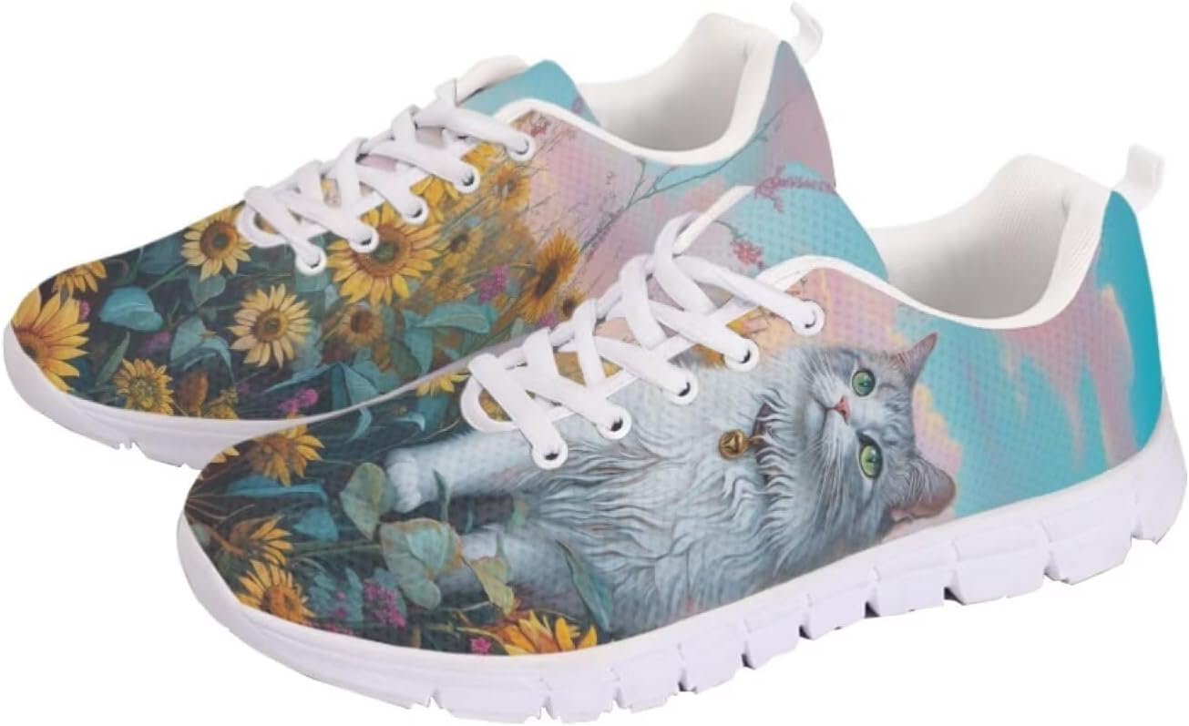 

Мужские и женские беговые кроссовки для шоссе, тенниса, ходьбы, походов. Кроссовки на шнуровке для тренировок, спортзала, легкие спортивные кроссовки Getelinseng, Cat Sunflower