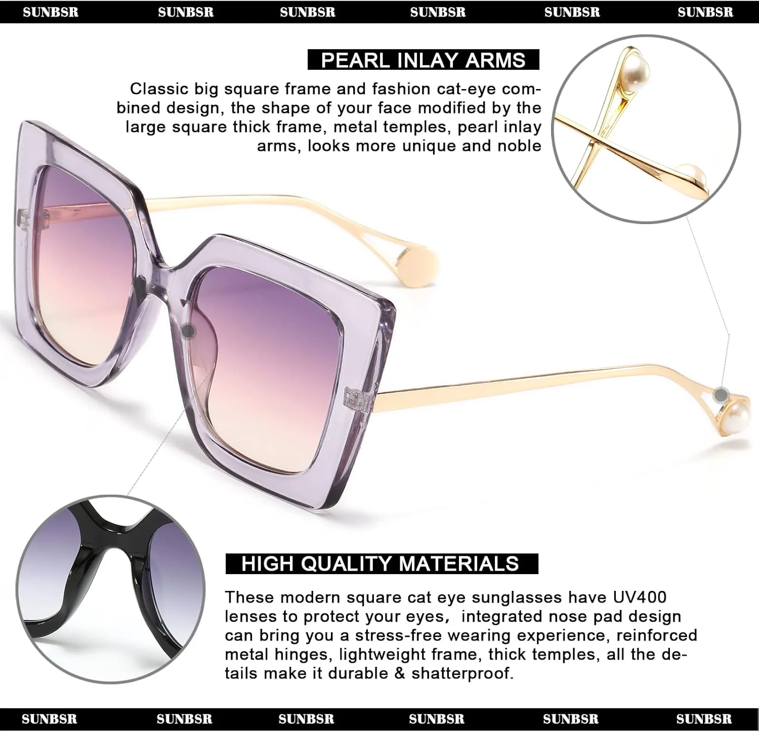 

SUNBSR Модные большие квадратные солнцезащитные очки для женщин в классической оправе, стильные, милые, в форме «кошачий глаз» Generic, A2 Grey/ Purple Gradient Pink