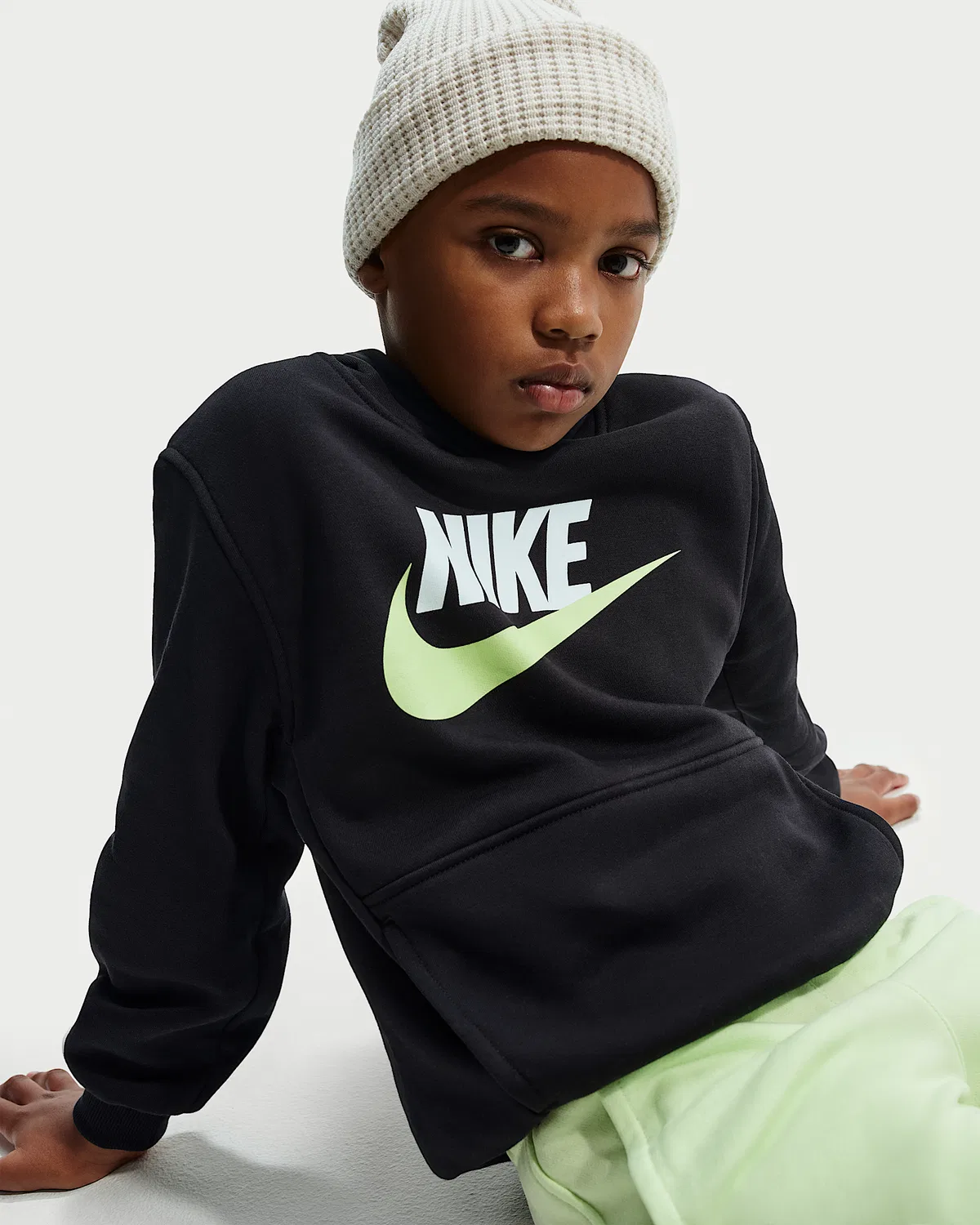 Детская худи Nike Sportswear Club Fleece, Black/White/Light Liquid Lime — фото 3