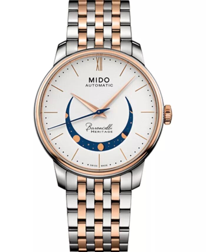 

Мужские швейцарские автоматические часы Baroncelli Smiling Moon, двухцветный браслет из нержавеющей стали, 39 мм Mido