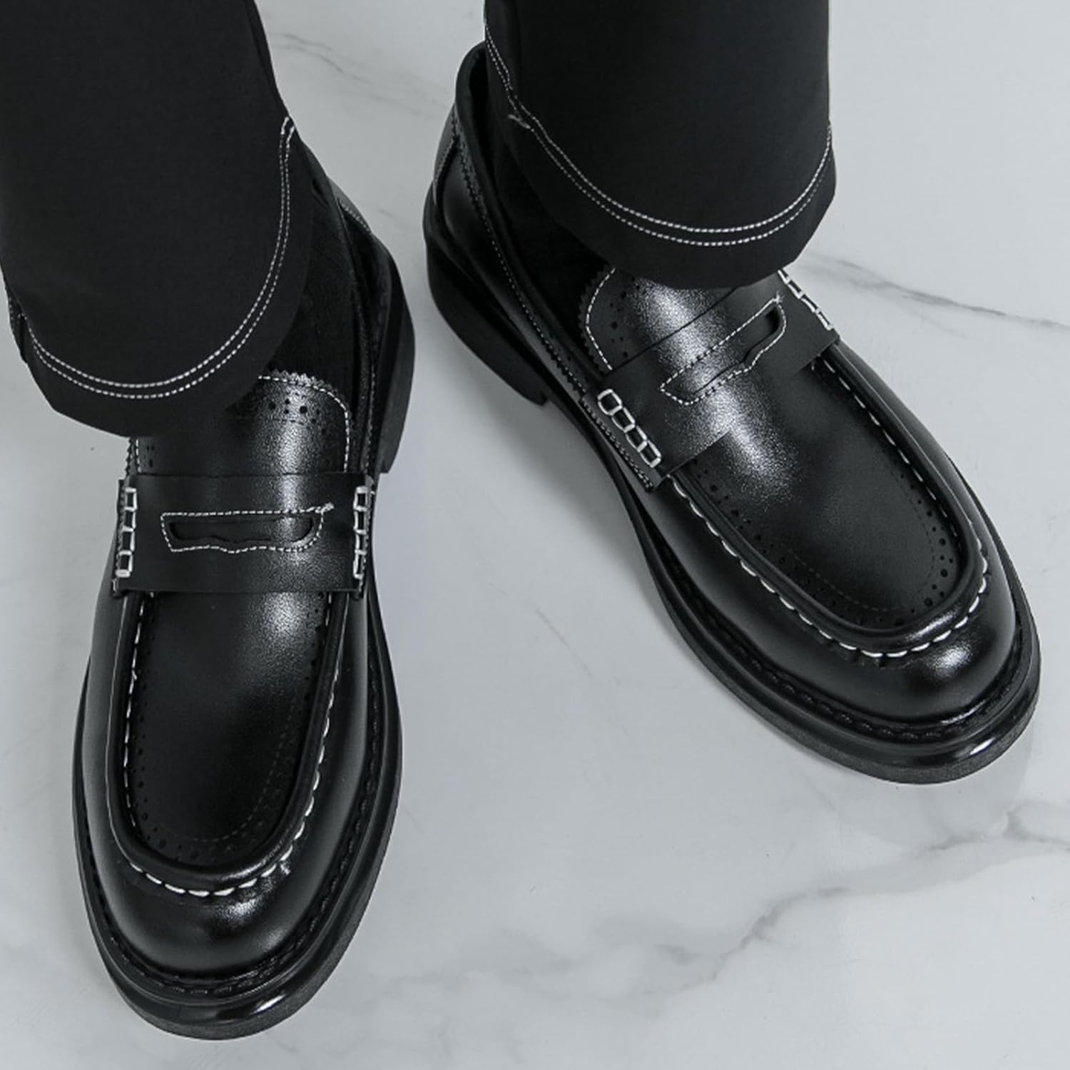 Мужские лоферы с квадратным носком Fashion из натуральной кожи, платформенные броги, деловые туфли типа пэнни, удобные, с нескользящей подошвой, низким каблуком, офисные и повседневные лодочные туфли Oxngdmdm, коричневый — фото 4