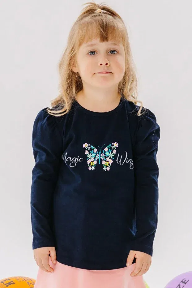 Детская футболка для девочек с принтом с длинным рукавом Breeze, Navy Blue