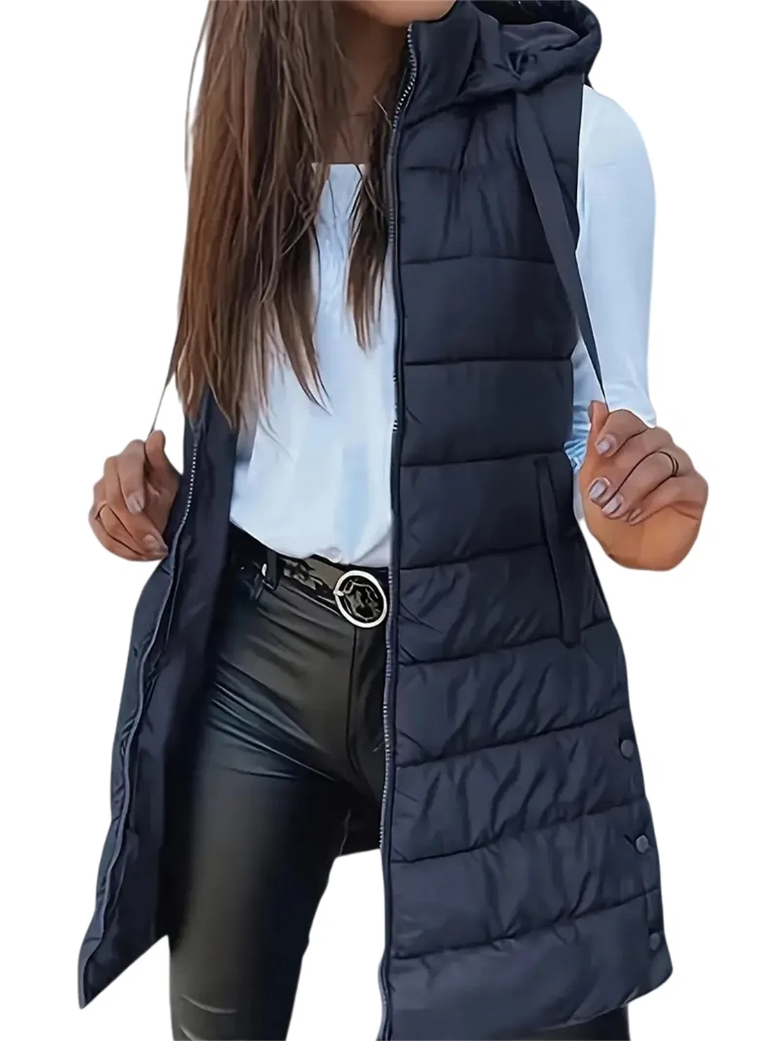 Женское утепленное пальто без рукавов с капюшоном, blu navy