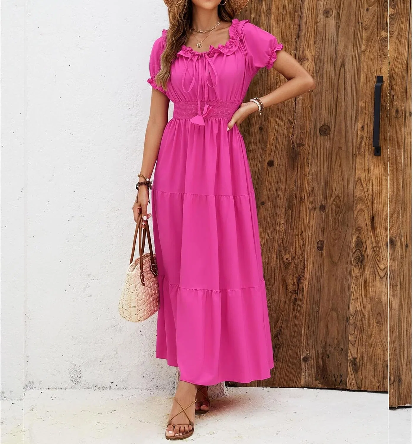 Женское летнее макси-платье с открытыми плечами, Hot Pink — фото 4