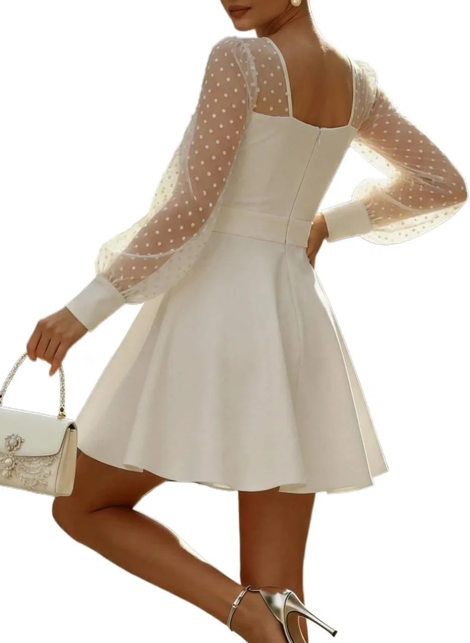 Женское летнее платье A-силуэта с рукавами-фонариками, Dot Mesh, White — фото 3