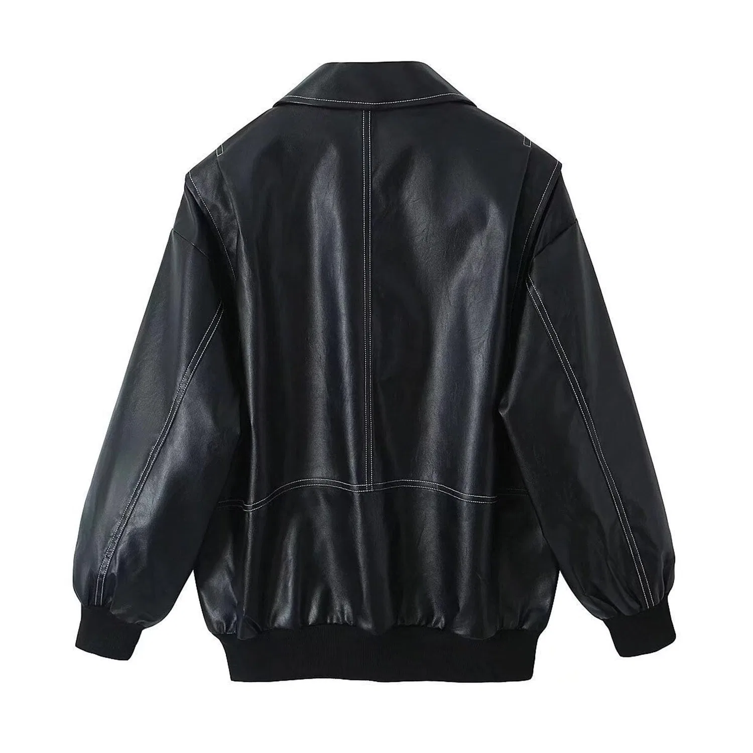 Женское пальто из экокожи с длинным рукавом Oversized Leather Outerwear Vintage Coat, Nero — фото 4
