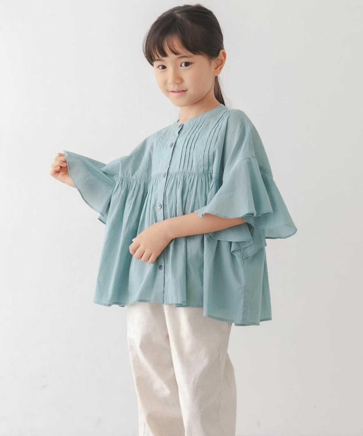 URBAN RESEARCH DOORS Детская блуза с длинным рукавомCotton Voile Pintuck Flare Sleeve Blouse, Blue — фото 4