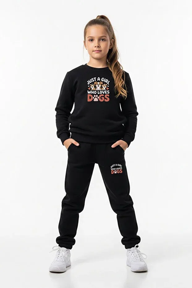 Детский спортивный костюм с принтом Round Neck Dogs Printed Girl's Tracksuit Set Panios Kids, Black