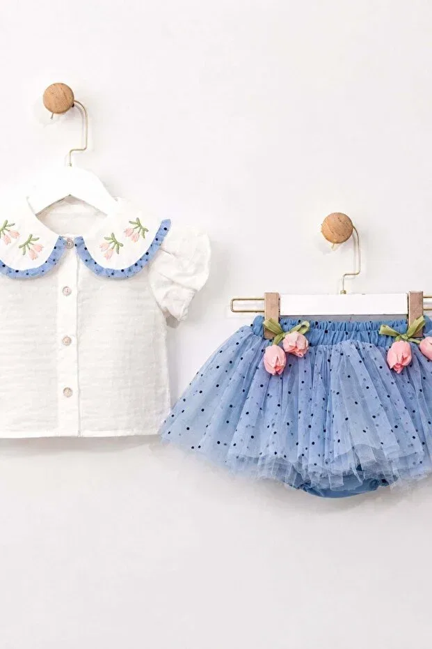 Детский комплект для девочек с вышивкой тюльпанов Cantoy, Light Blue — фото 3