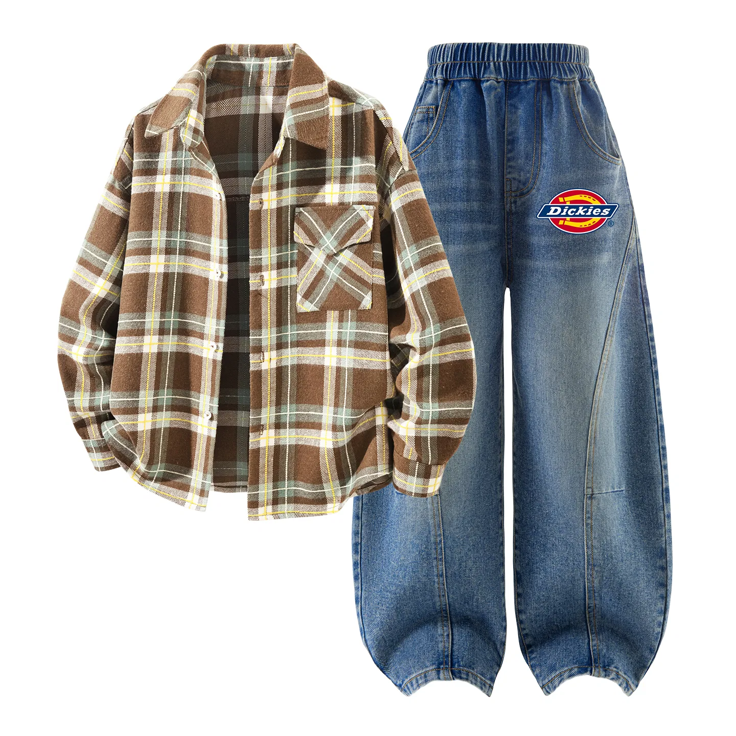 Детский спортивный комплект с принтом Dickies, Solid Rum Brown Plaid+Thick S Logo Denim Blue