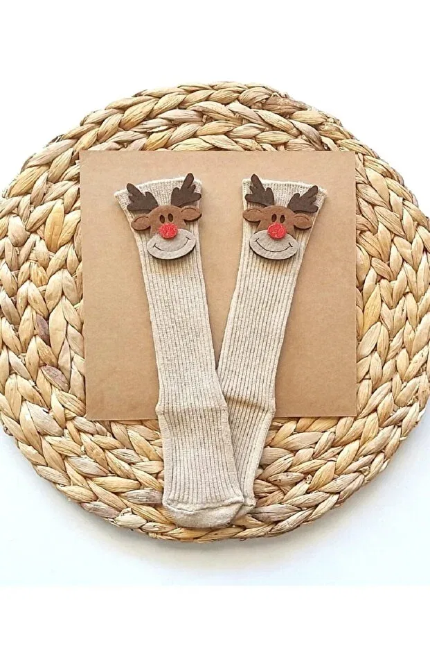 Детские носки для новорожденных с принтом Baby Cute Deer Felted New Year's Stockings Below Knee New Year's Socks Asa Bebek Çocuk, Taupe