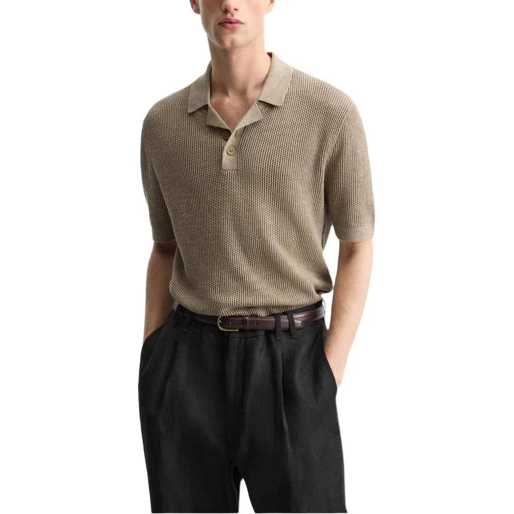 Мужское поло бежевое с воротником и прямой посадкой ZARA, Beige — фото 4
