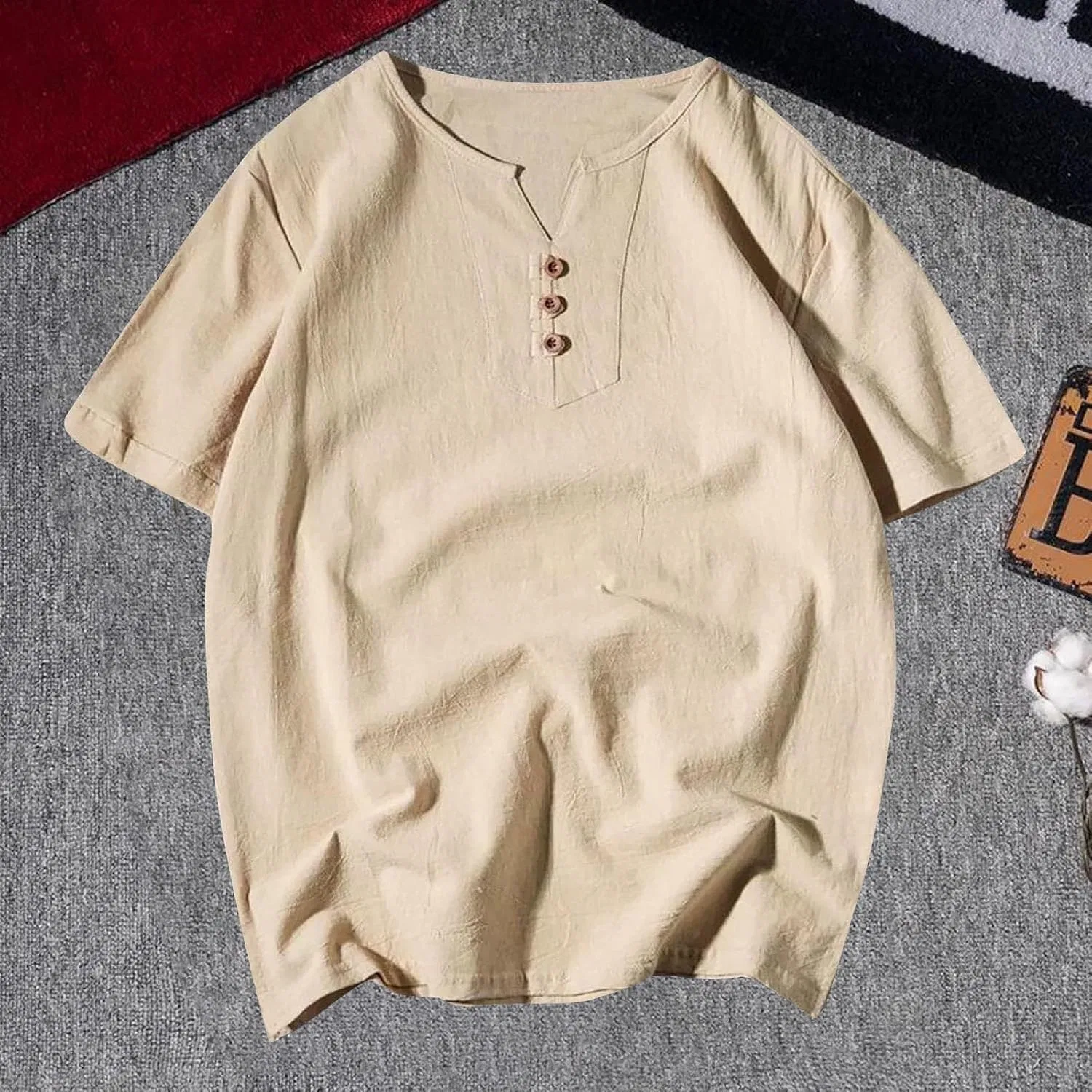 Мужская футболка с коротким рукавом из хлопка и льна, Khaki — фото 3