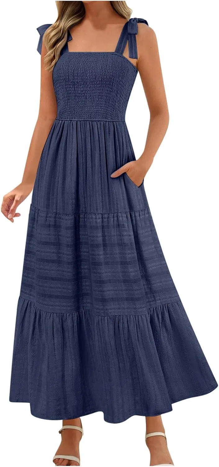 Женское платье-трапеция с кружевной шнуровкой, модель 2025 Summer Boho Maxi Dress, тёмно-синий — фото 2