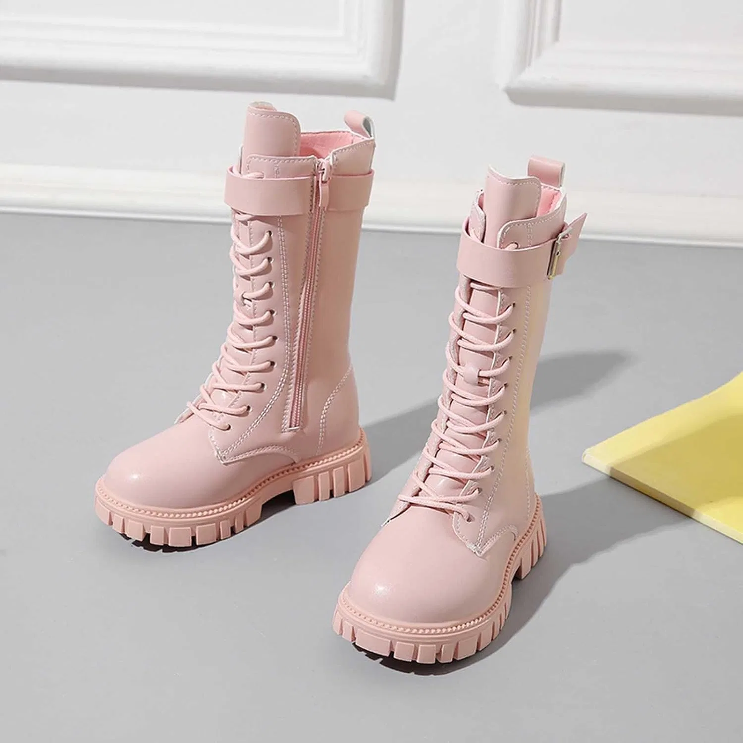 Детские ботинки на шнуровке с молнией и ремешками HBDHEJL, Pink — фото 4