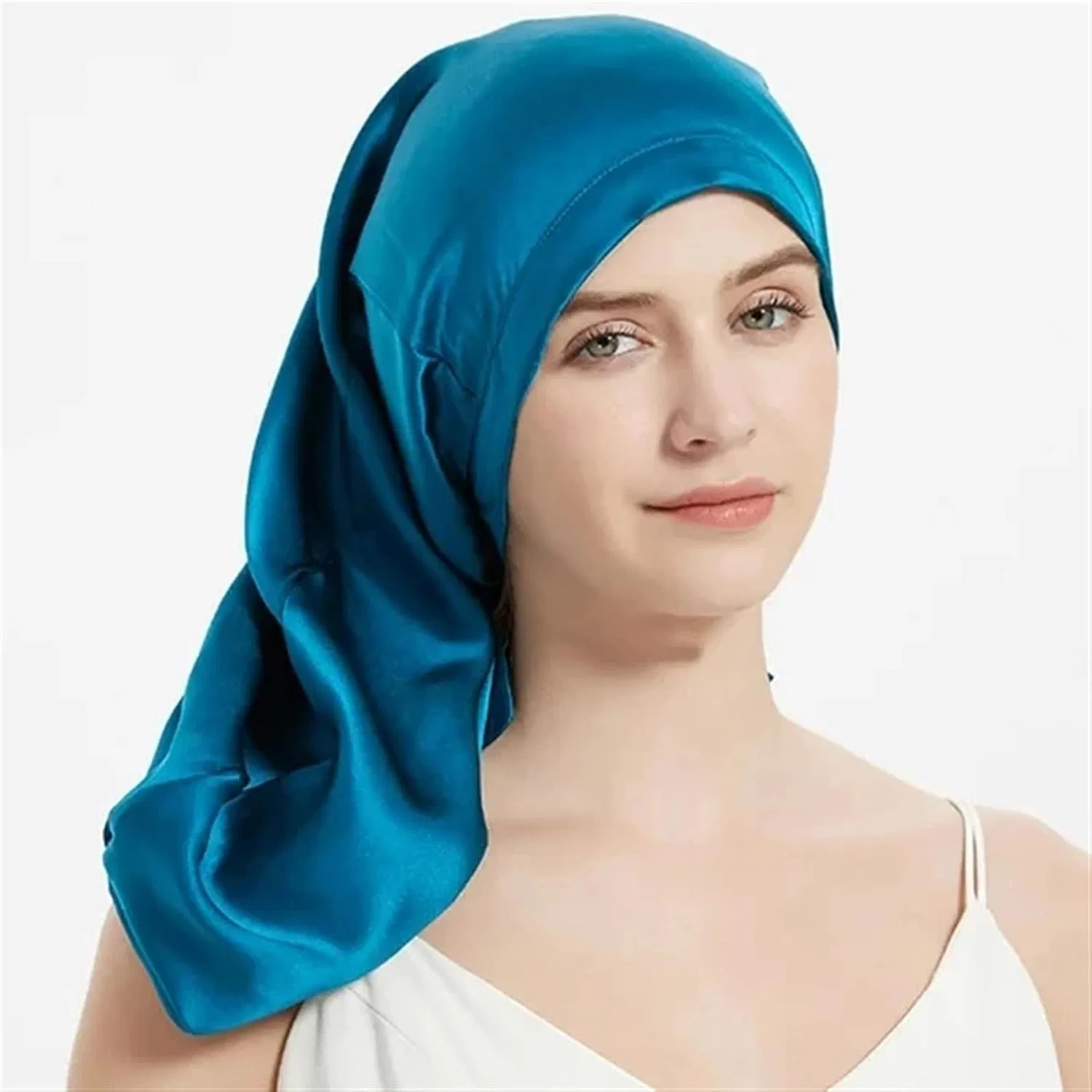 Шапочка для душа из шелка, длинная, YGMNQAL, Peacock Blue