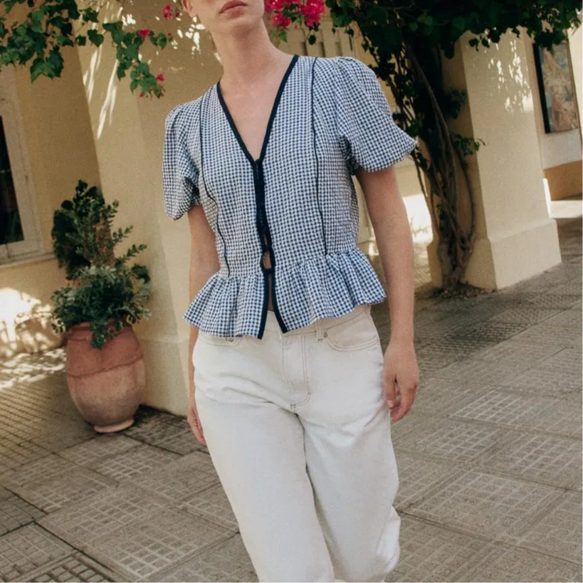 Женская рубашка с V-образным вырезом Sea Blue/White ZARA, Sea Blue/White — фото 4
