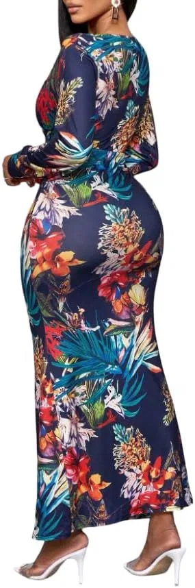 Женское цветочное макси-платье с драпировкой и разрезом, Navy Blue — фото 2