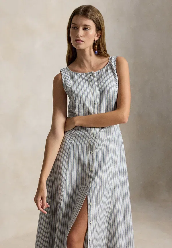 Платье рубашка с полосками Striped paneled linen dress Polo Ralph Lauren, синий
