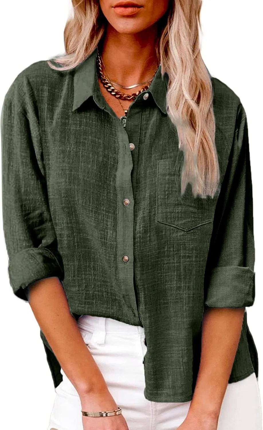 Женская свободная льняная рубашка с V-вырезом, Army Green — фото 2