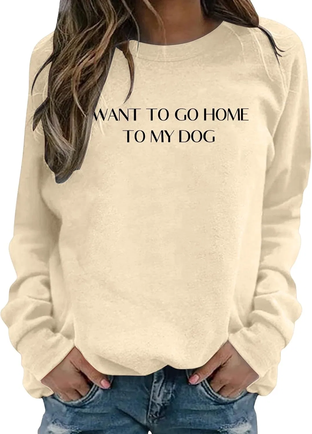 Женский свитшот с принтом I Want To Go Jone To My Dog, бежевый — фото 3