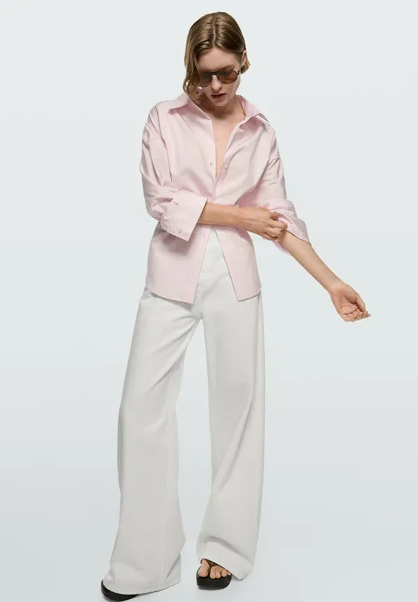 Брюки из хлопка Low-rise wide-leg striped trousers Massimo Dutti, white, белый — фото 2