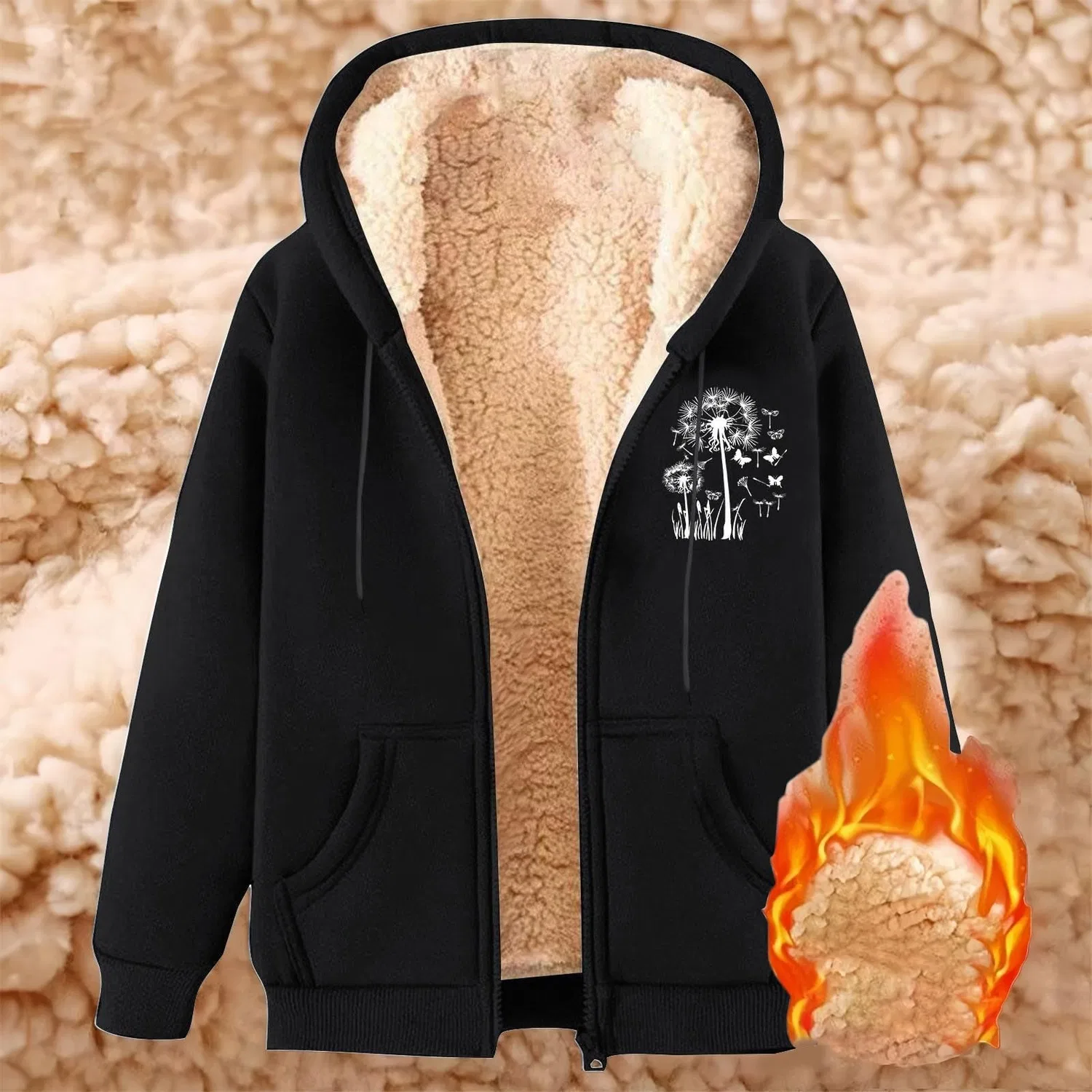 Женское пальто с капюшоном из флиса, длинное, модель Hooded Fleece Jacket, Nero — фото 2