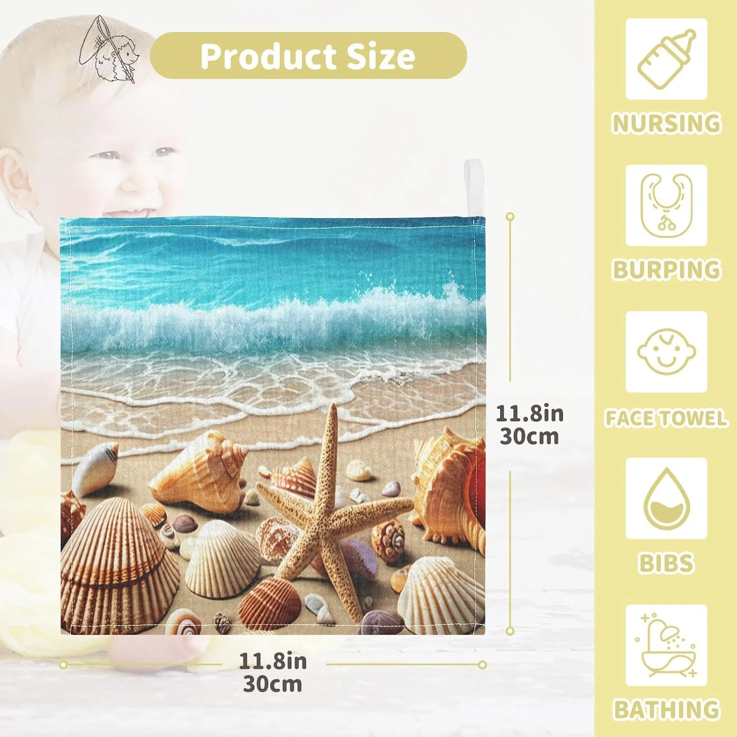 Детские мочалки из муслина, Starfish and Shells, JUMBEAR, 5 штук, 30x30 см — фото 2