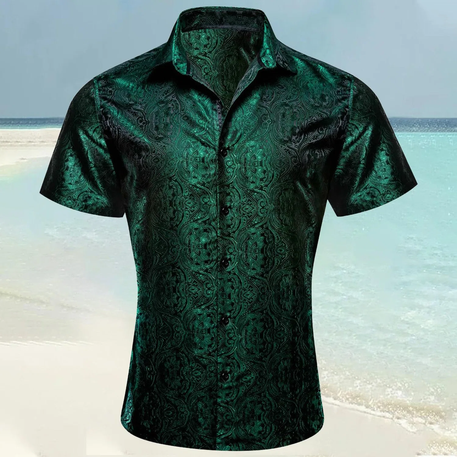 Мужская рубашка с коротким рукавом с принтом Paisley Shiny Satin Baroque Design, Green — фото 2
