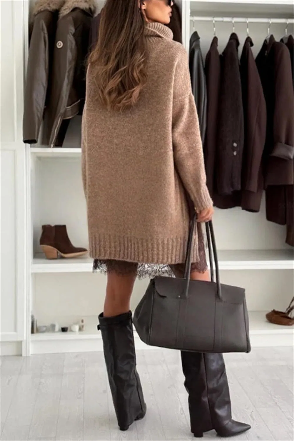 Женское платье-свитер с воротником-хомутом 2-предметное, Dark Brown — фото 3