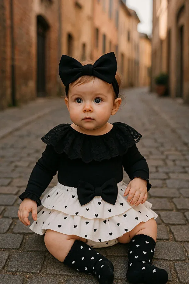 Детский комплект для девочек хлопковый с кружевной юбкой Helena Lace Skirt Set With Heart Socks Cherub Baby, Black — фото 2
