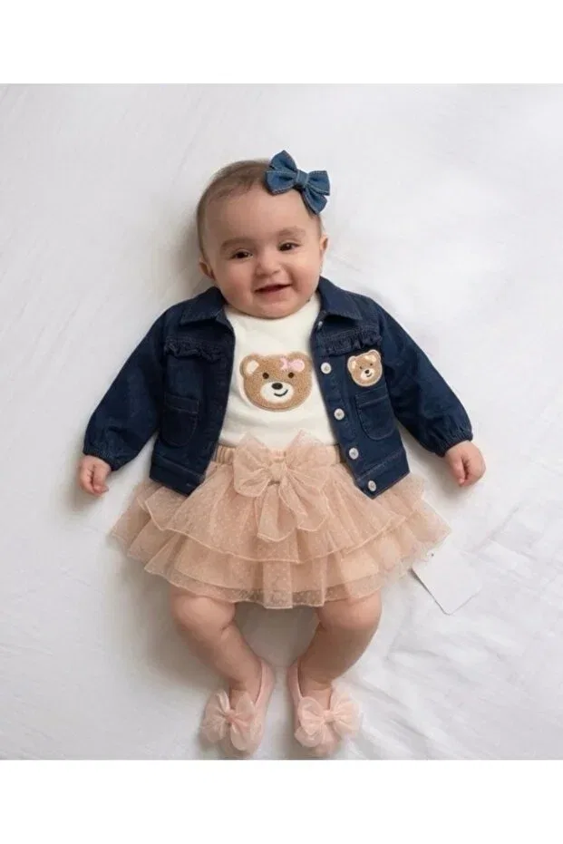 Детский комплект для новорожденных с принтом Tutu skirt, denim jacket, punch embroidered 3-piece set Sweetme, Powder — фото 4
