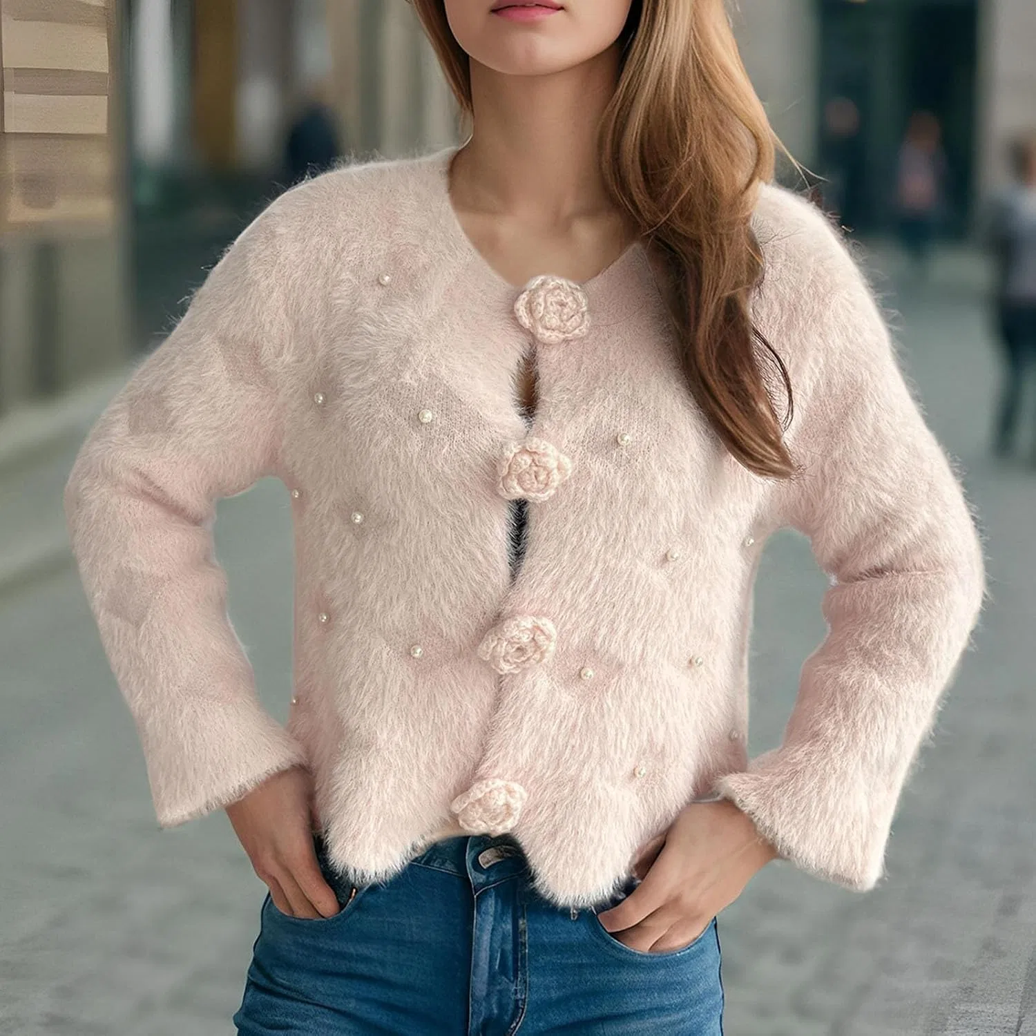 Женский пушистый кардиган из мохера, модель Fuzzy Mohair Cardigan, розовый — фото 4