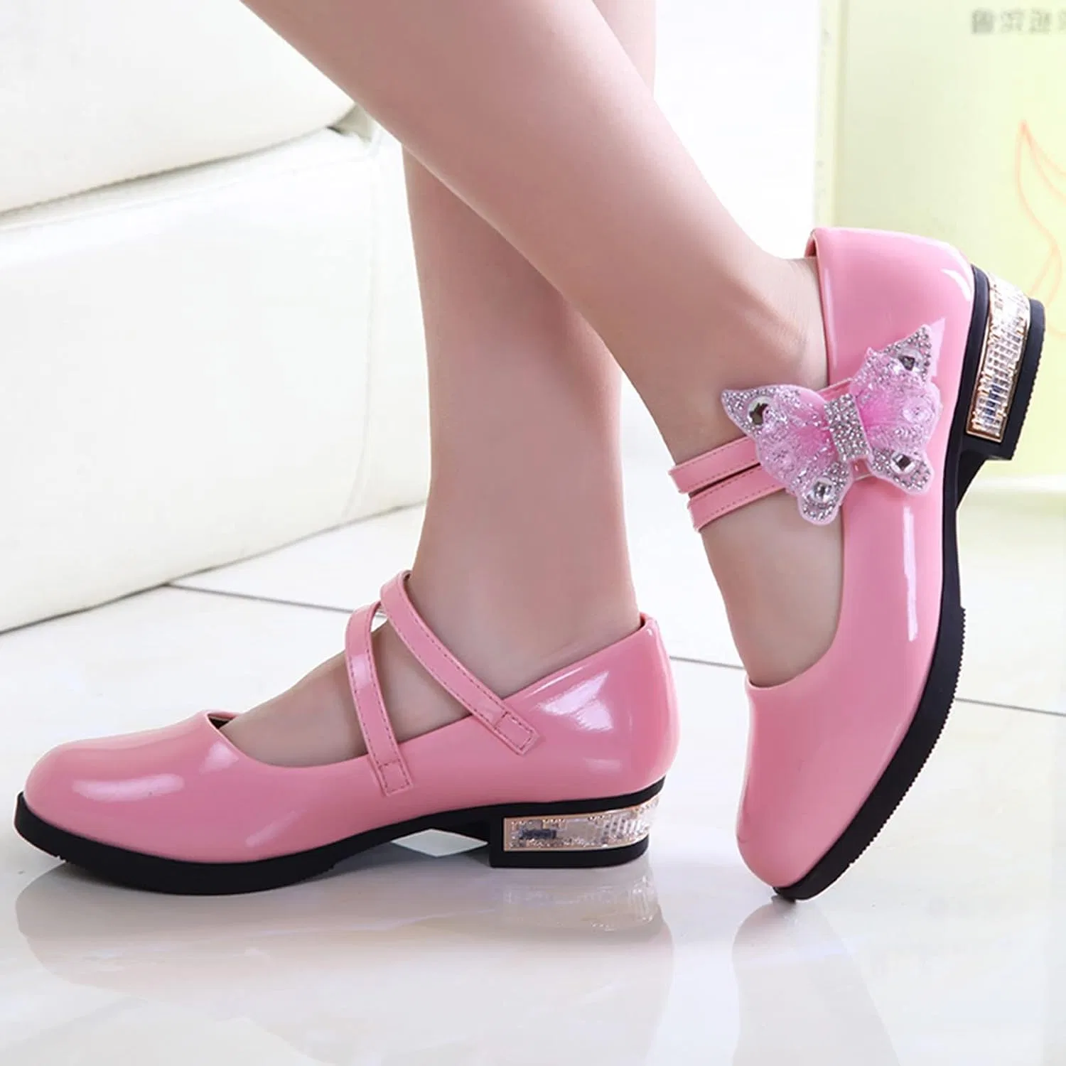 Детские босоножки для девочек с бантом на ремешке Butterfly Chunky Low Heel, Pink — фото 2