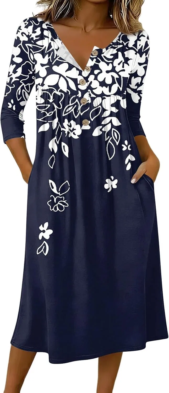 Женское платье-футболка с круглым вырезом и пуговицами Casual, Blue