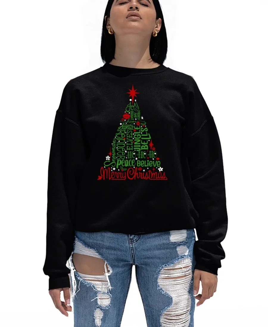 Женский свитшот с рождественским принтом Holiday Christmas Tree Word Art LA Pop Art, Black