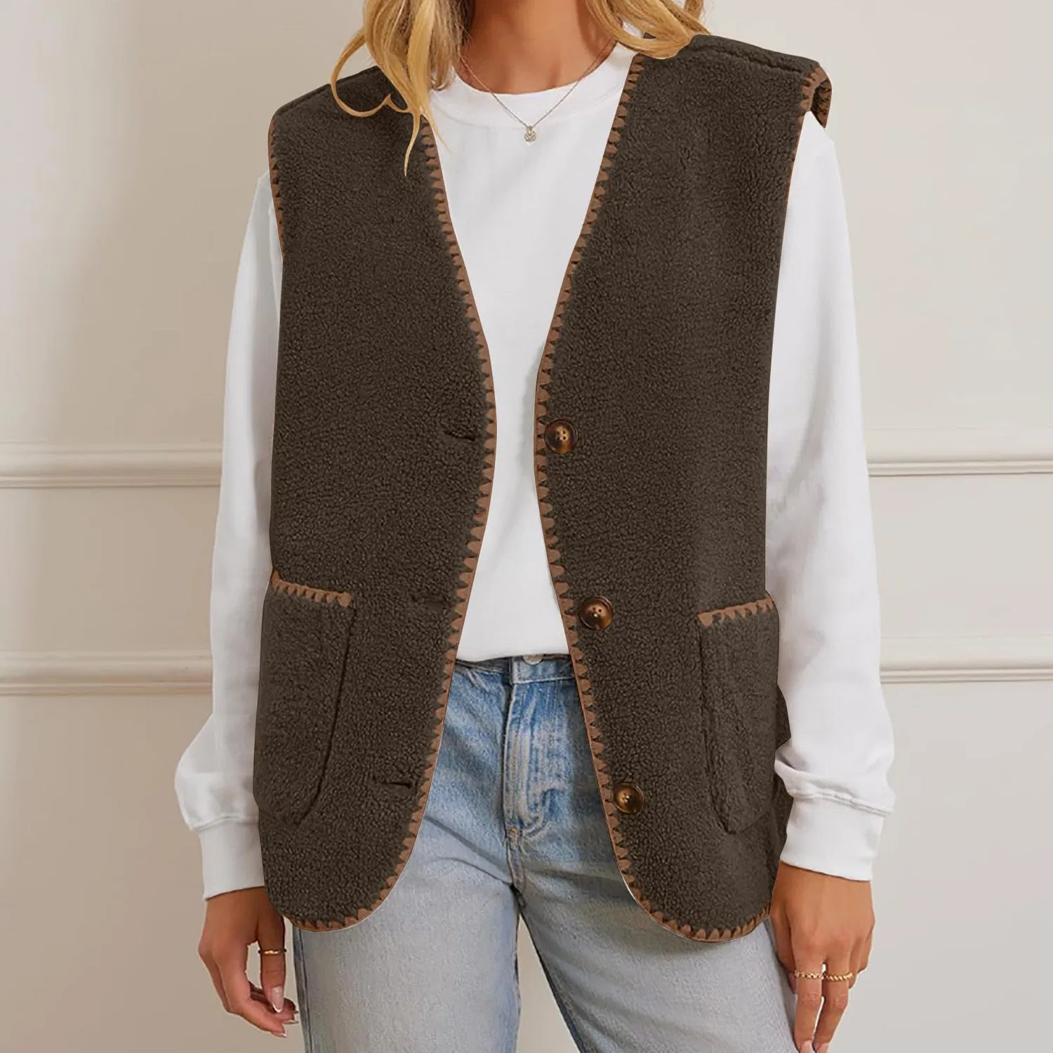 Женский безрукавный жилет с флисом, модель Winter Warm, бренд, a04 brown — фото 4