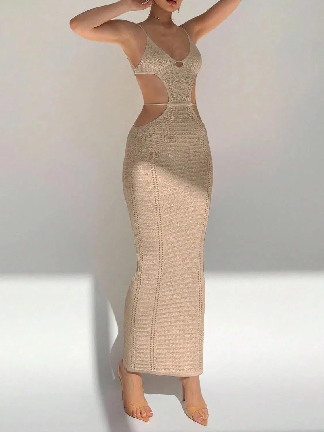 Женское длинное платье с U-образным вырезом и вырезами Knitted, Apricot — фото 4