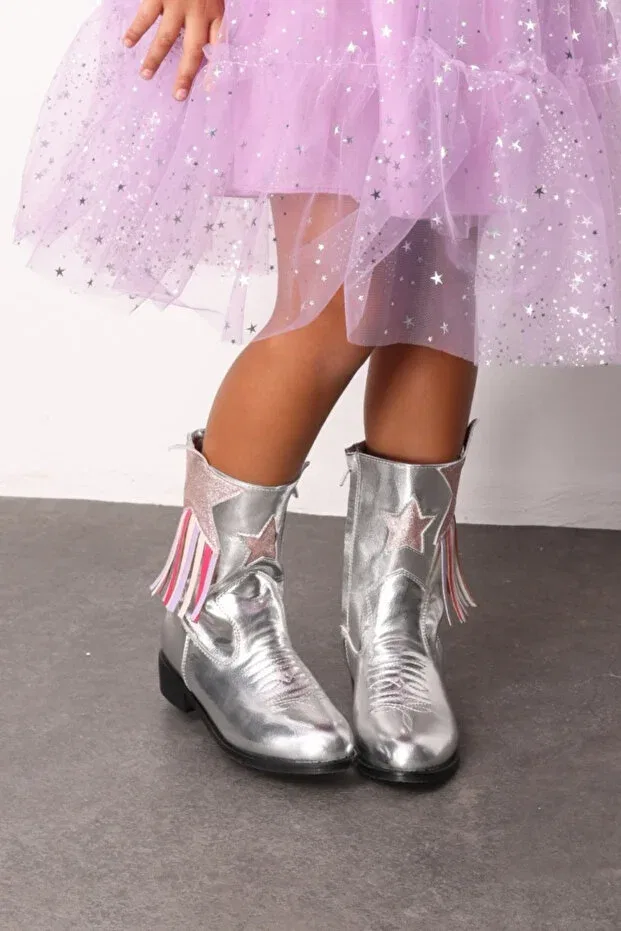 Детские ботинки для девочек с принтом Cowboy Boots With Silver Star And Tassel Details Le Mabelle, Silver — фото 4