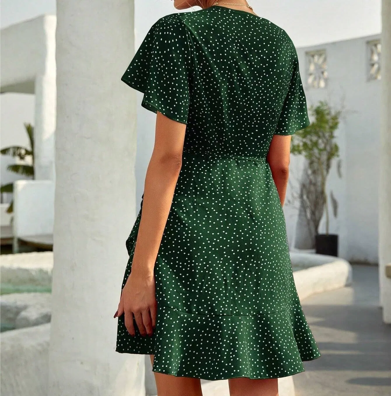 Женское повседневное платье A-силуэта с воротником V, Dark Green — фото 3