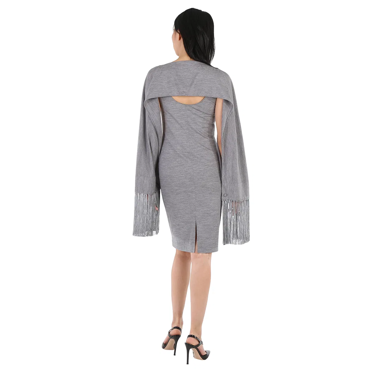 Платье без рукавов из мериносовой шерсти Cloud Grey Merino Wool Sleeveless Dress With Fringed Capelet Burberry, Cloud Grey — фото 4
